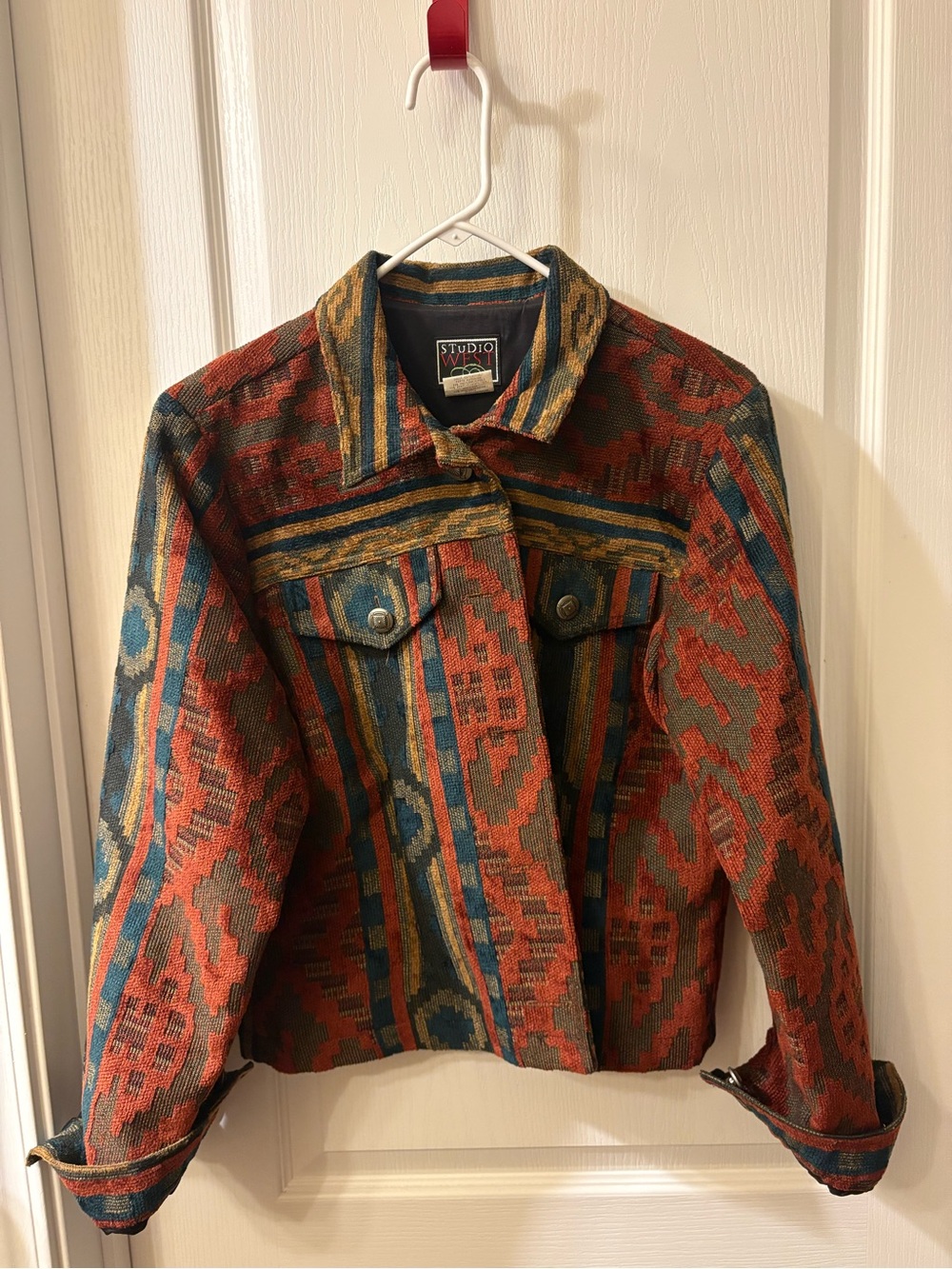 Studio West Red Multi-Color Patterned Jean Jacket - Picture 1 of 2